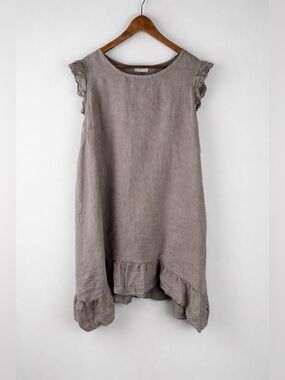 Bellambra 100% Linen Ruffle Hem Shift Dress Taupe Grey Size 1X Lagenlook Italy